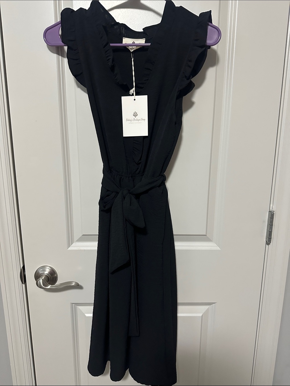Ruffle V-Neck Tie-Waist Midi Dress in Black